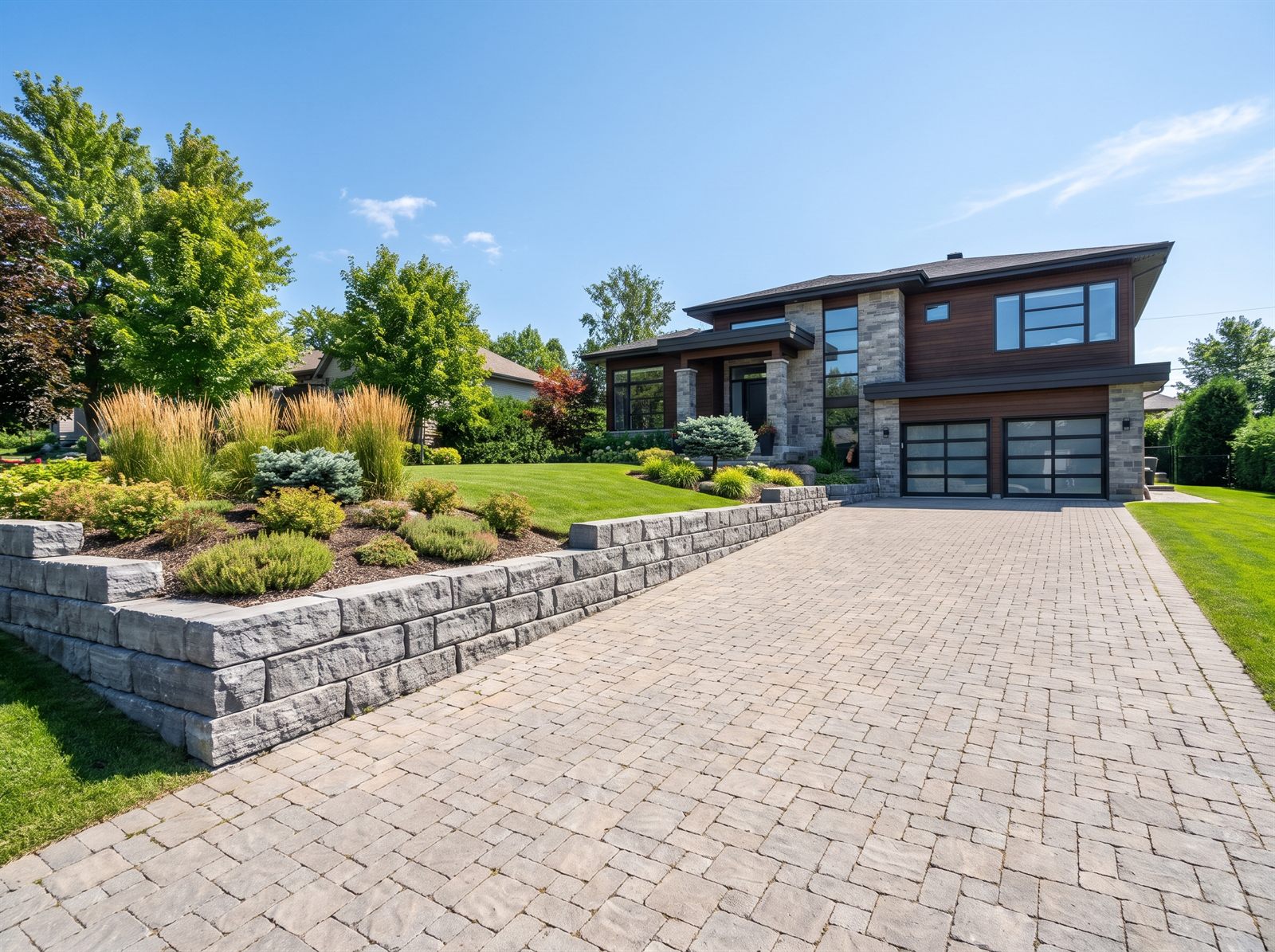 Retaining wall along a sloped driveway in Farm Point
