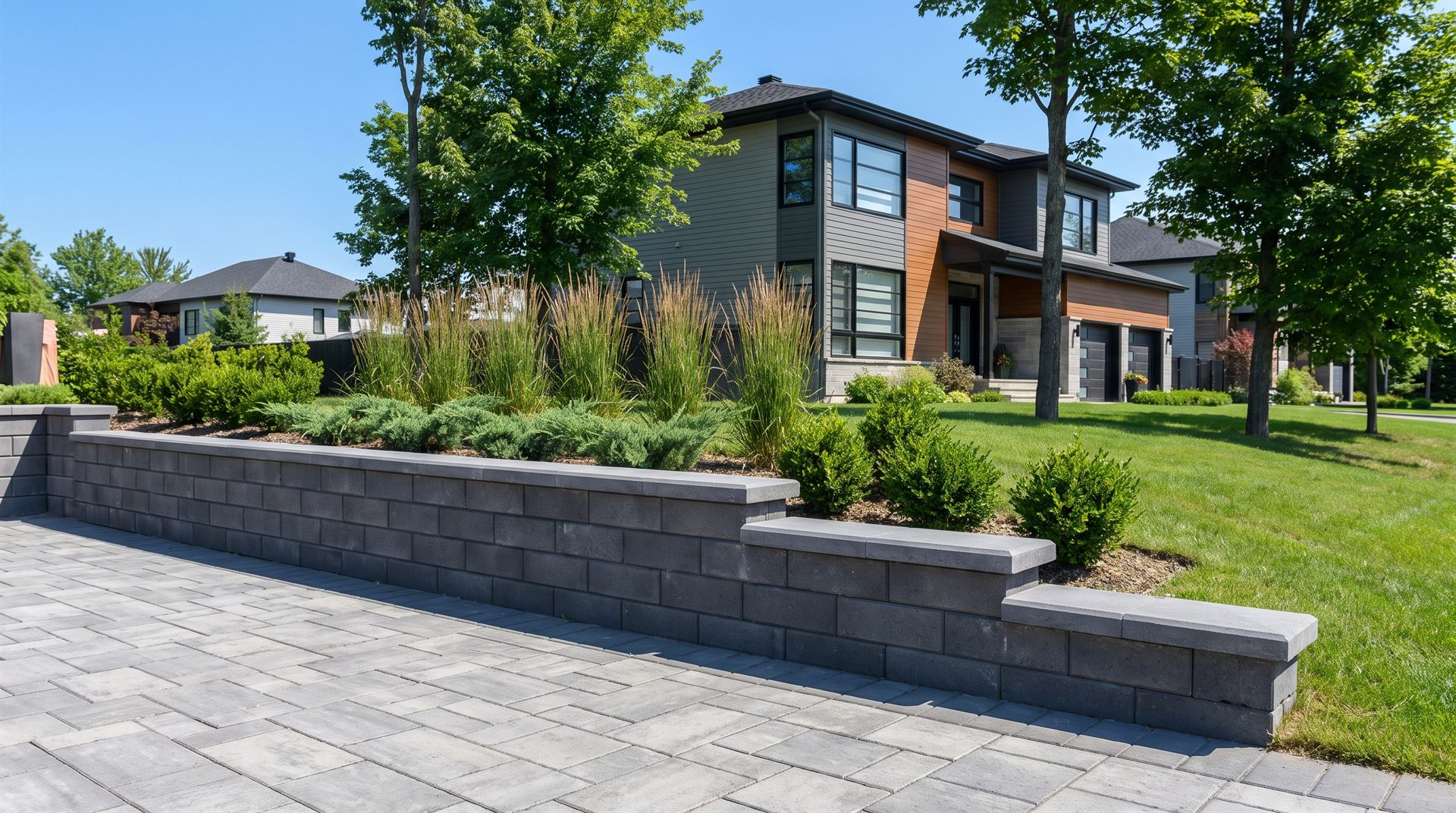 Architectural block retaining wall in Gatineau with an interlocking paver patio