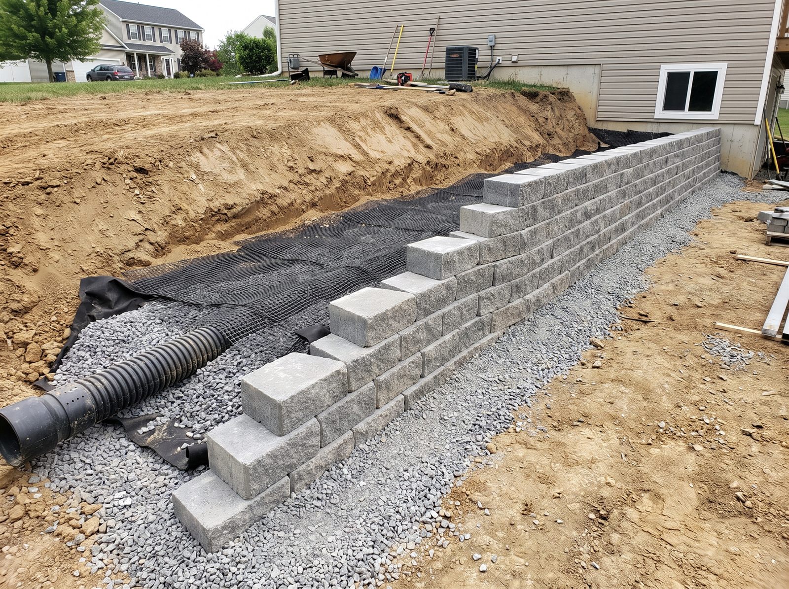Construction of a retaining wall with drainage on bedrock in Chelsea
