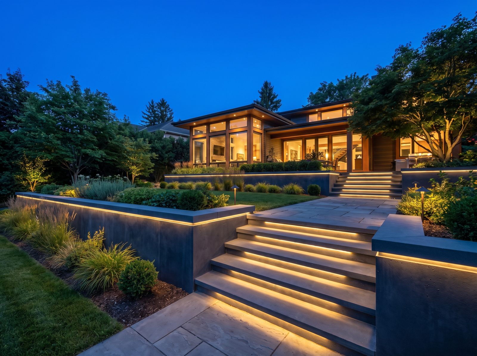 Retaining wall with integrated staircase and lighting in Chelsea