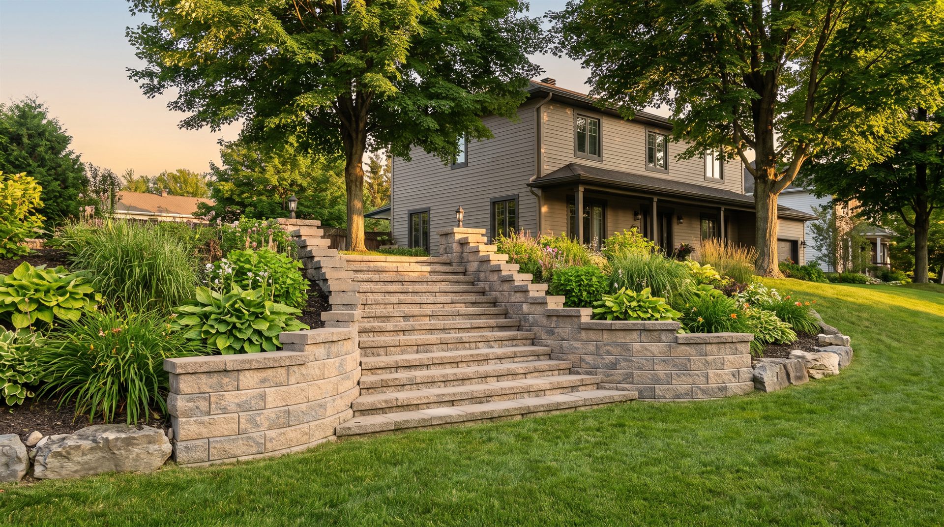 Tiered retaining wall with garden staircase in Aylmer
