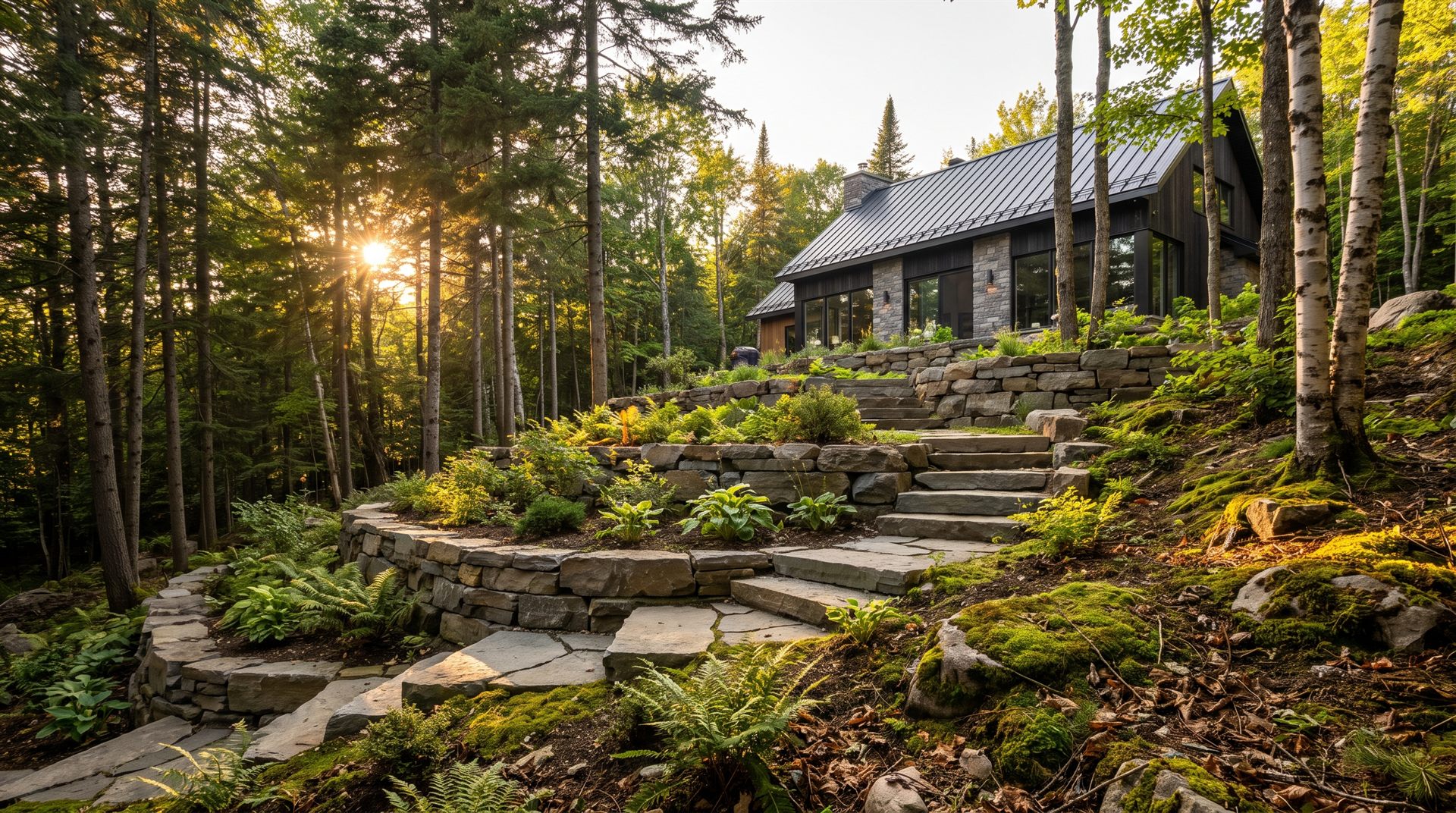 Natural stone retaining wall on a wooded slope in Chelsea