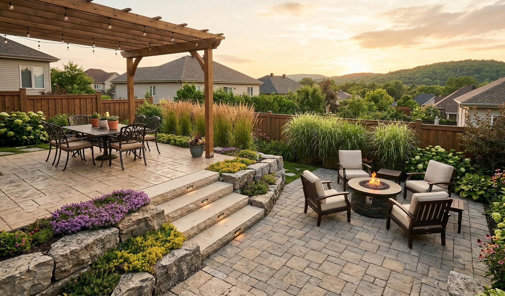 Paver patio with steps and glass fence